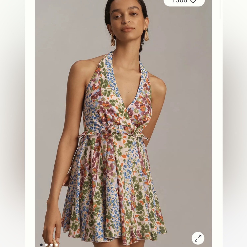 By Anthropologie Halter Mini Dress in Green Motif, Size XLarge, NWT